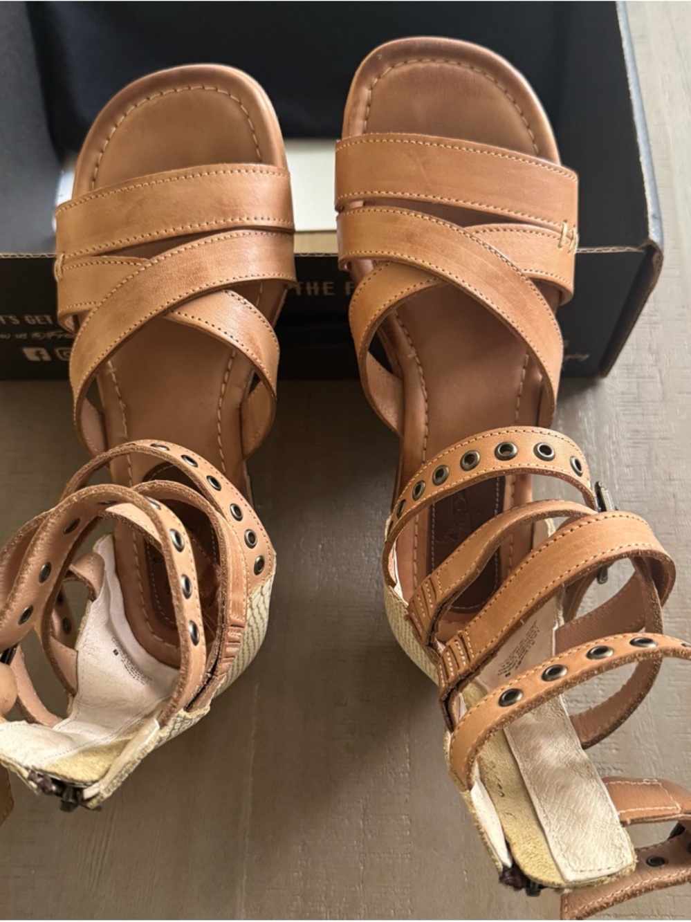 freebird Cognac Strappy Wedge Sandals